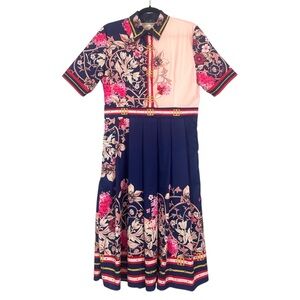 Dalia MacPhee Belt Print Pleated Midi Dress Womens Size L Floral Retro Scarfcore